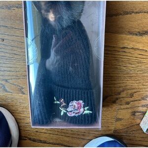 Black Knit Beanie with Floral Embroidery from Ireland NWT